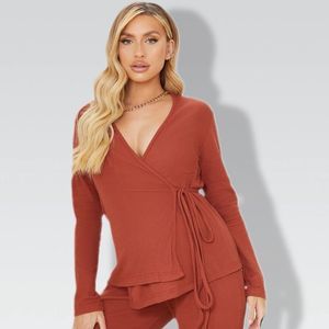 Rust Wrap Long Sleeve Blouse